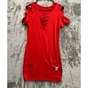 Women’s Red Mini Dress Size Medium 6 Ripped Ladder-Cut Detailing Tee Style
